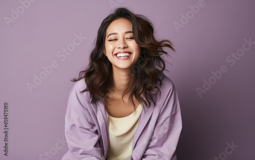 happy fashion smiling girl with bright clothing in solid light background