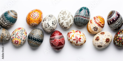 Multicolored Easter eggs with patterns on white background, top view