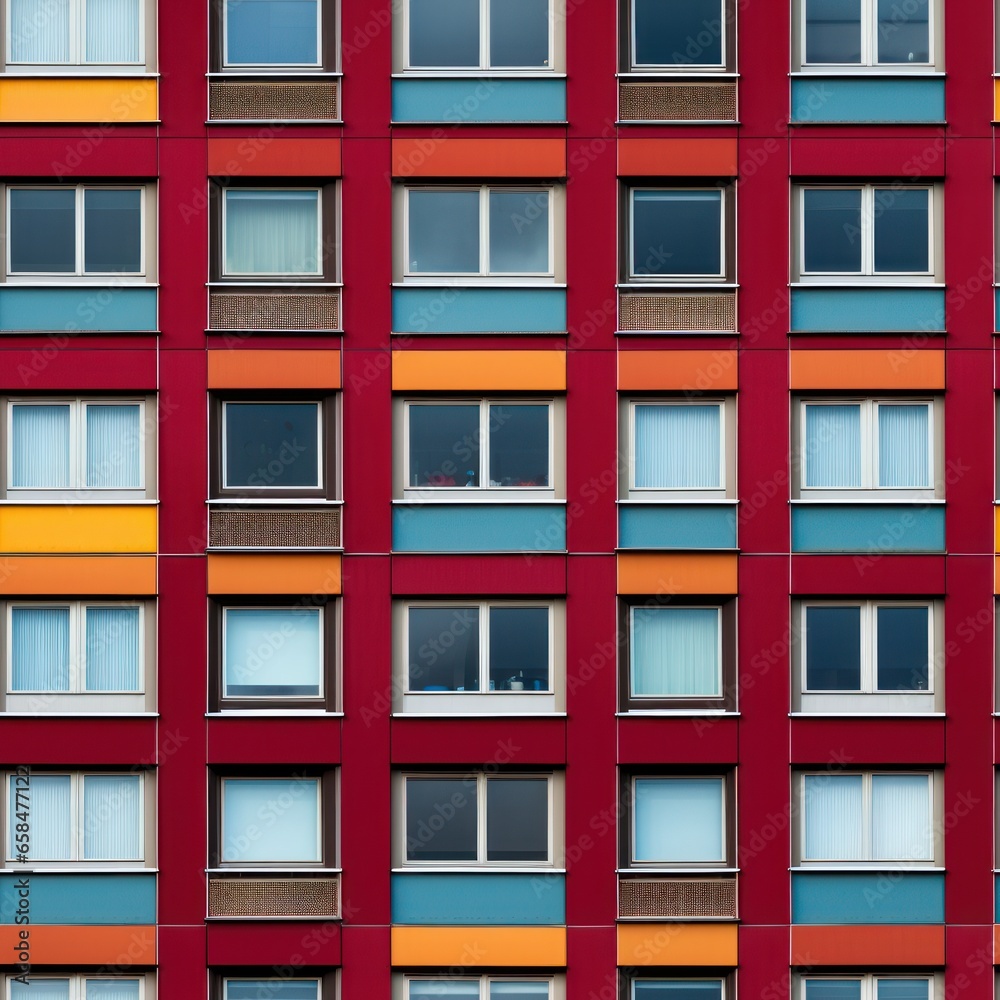 Seamless pattern texture of the facade of a dark cherry-colored building with multi-colored windows.  