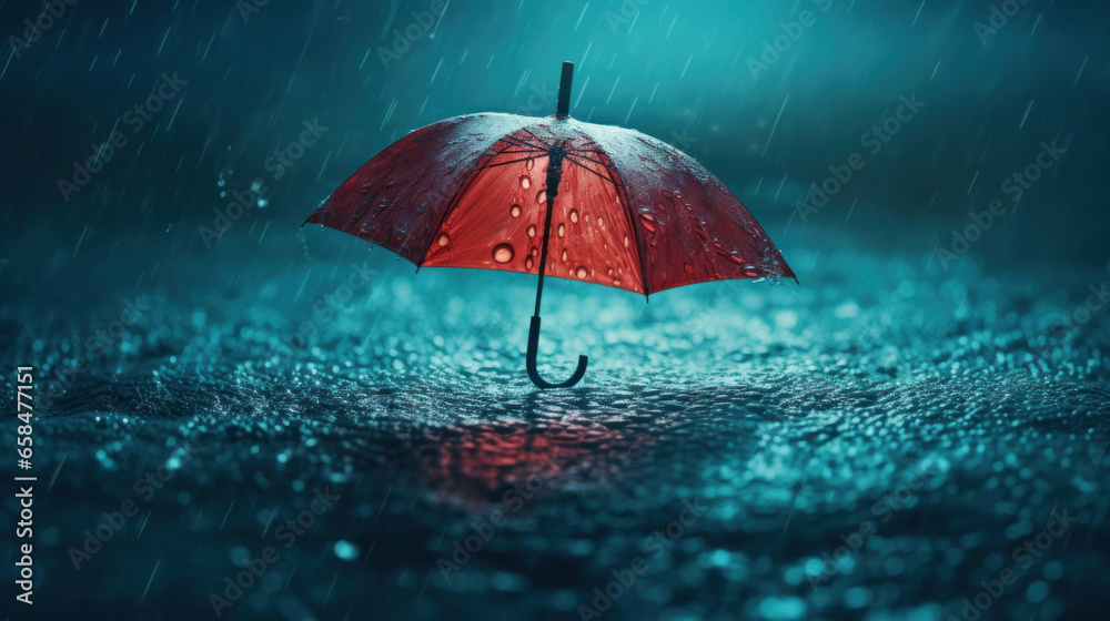 Red umbrella on the pavement in the rain. - obrazy, fototapety, plakaty 
