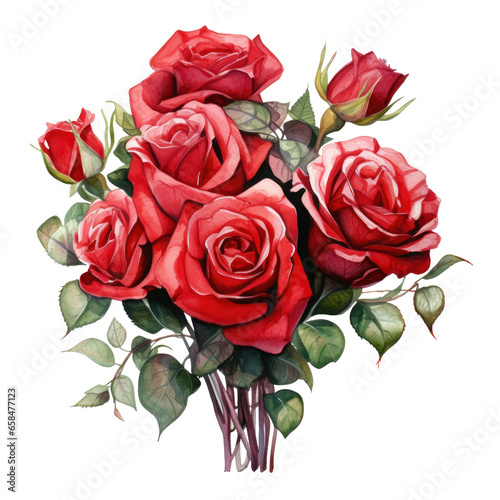 Watercolor floral bouquet composition with red roses, png transparent background, generative ai.