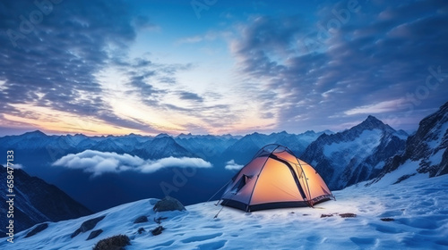 Orange tent in the snow with mountains and sunset in the background