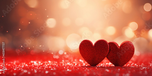 Two Red Heart shapes on abstract light glitter background in love concept for valentines day