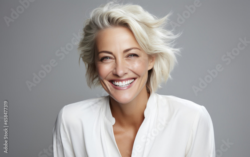 happy fashion smiling businesswoman CEO with bright suit in color background