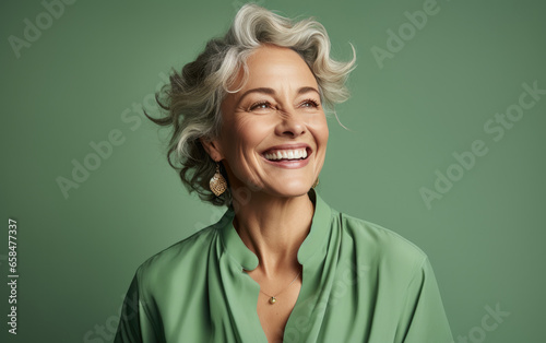 happy fashion smiling businesswoman CEO with bright suit in color background