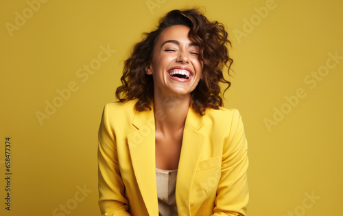 happy fashion smiling businesswoman in bright suit in color background