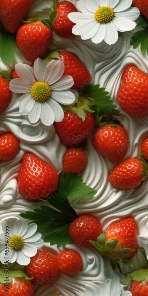 Seamless pattern texture of strawberries with daisies in whipped cream. AI Generation Seamless pattern texture of strawberries with daisies in whipped cream. AI Generation
