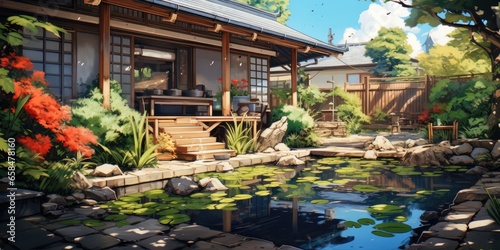 a small terrace house that has japanese designs skinny backyard with koi pond, generative AI