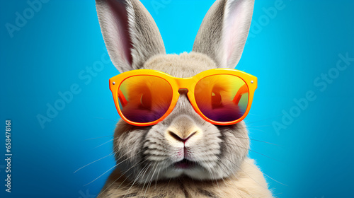 easter bunny with sunglasses A rabbit wearing sunglasses and a rainbow colored background 