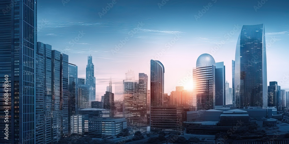 Urban oasis. Contemporary business center. Skyscraper with modern office architecture. Glass towers of success. Cityscape at sunset. Future proof finance. City high rise hub