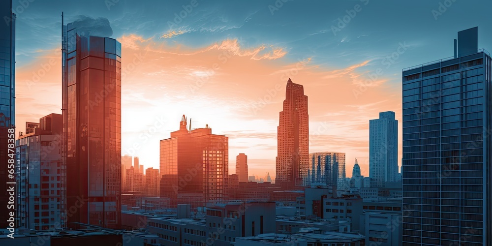 Fototapeta premium Urban oasis. Contemporary business center. Skyscraper with modern office architecture. Glass towers of success. Cityscape at sunset. Future proof finance. City high rise hub