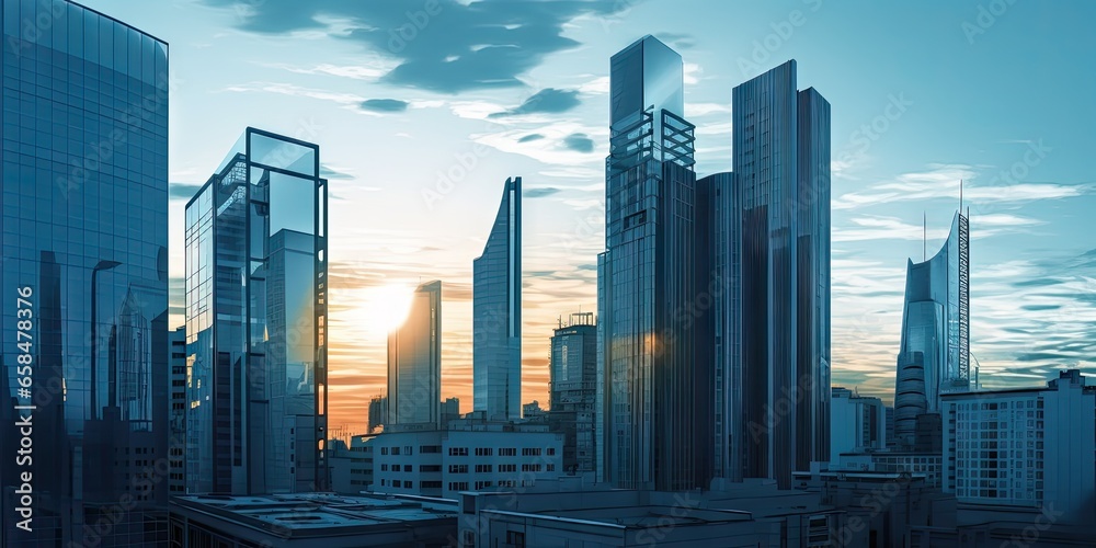Urban oasis. Contemporary business center. Skyscraper with modern office architecture. Glass towers of success. Cityscape at sunset. Future proof finance. City high rise hub