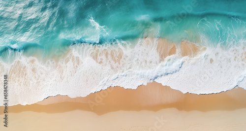Aerial View of Sandy Beach and Calm Blue Ocean Waves Idyllic Seaside from Above: Sandy Beach and Blue Waves Sandy Shore from Above: Serene Ocean Waves in Blue 