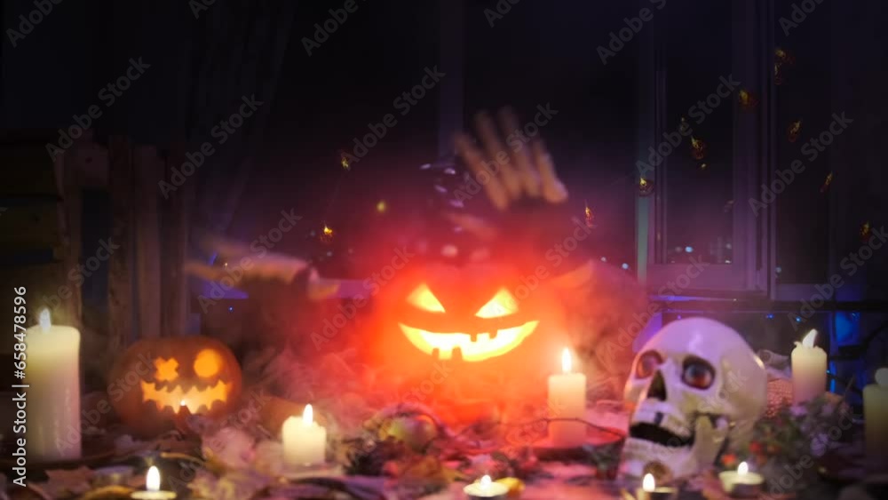 Dancing hands scary Jack-o'-lantern in thick smoke , flashing light inside carved pumpkin among fall holiday decorations, glowing multi-colored garlands of candles and dry leaves. During Halloween. Dancing hands scary Jack-o'-lantern in thick smoke , flashing light inside carved pumpkin among fall holiday decorations, glowing multi-colored garlands of candles and dry leaves. During Halloween.
