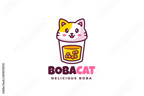 Cute Boba Cat Bubble Tea Mascot Modern Cartoon Vector Illustration