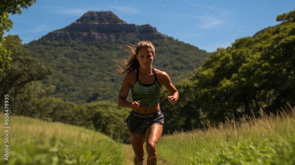 A trail runner is practicing trail running for health in the morning sunrise. A trail runner is practicing trail running for health in the morning sunrise.