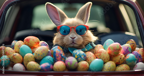 easter bunny with easter eggs happy easter day beautiful background and rabbit and colourful easter eggs