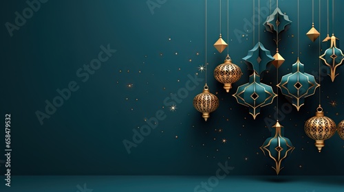 Eid mubarak with a islamic decorative frame pattern crescent star and lantern on a light ornamental background.
