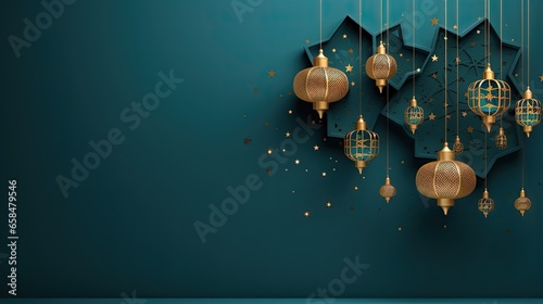 Eid mubarak with a islamic decorative frame pattern crescent star and lantern on a light ornamental background. photo