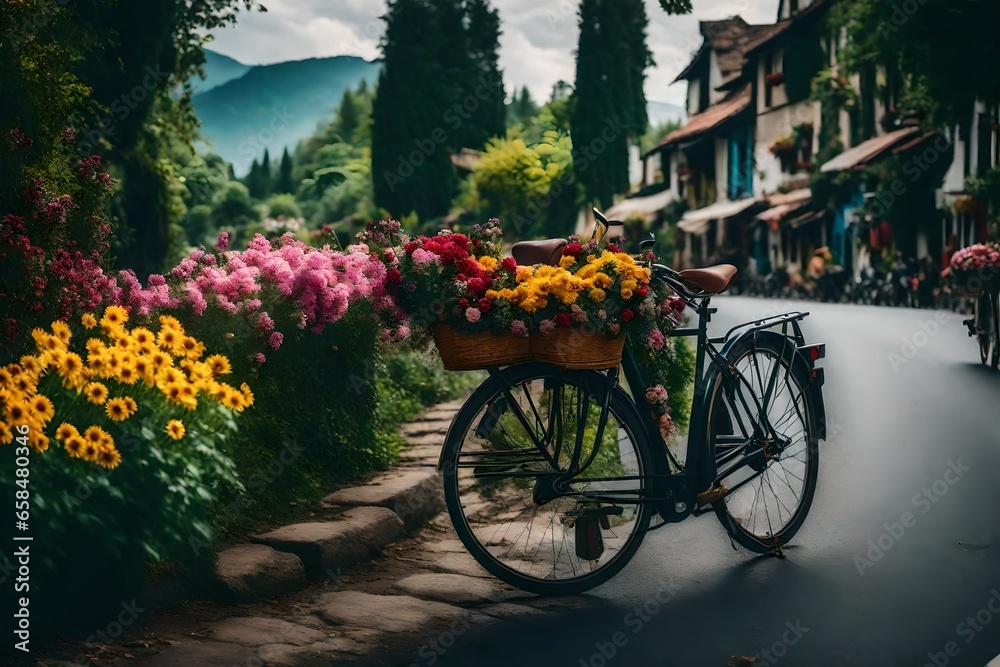bicycle on the street with flowers