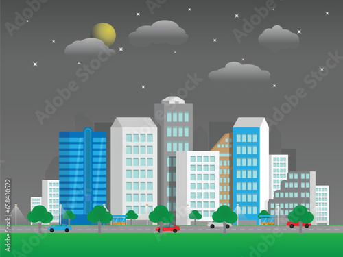 Nighttime cityscape with buildings trees and skyline in a modern urban style