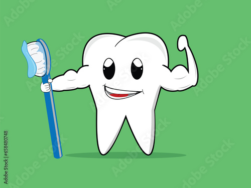 White strong tooth holding a toothbrush, Vector 