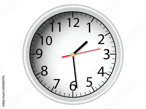 Wall clock isolated on white background showing time with hour minute 