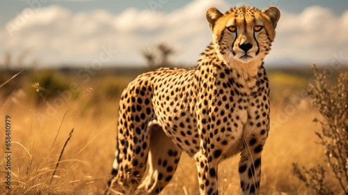 Close up of hunting cheetah in the savannah.