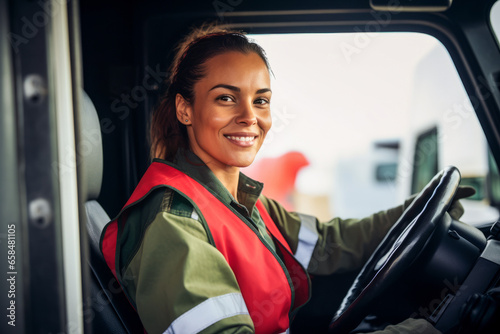 Female truck driver smiling at the camera, Latino women working, integral role women play in the logistics industry, female trucker inside the cabin, logistics concept.