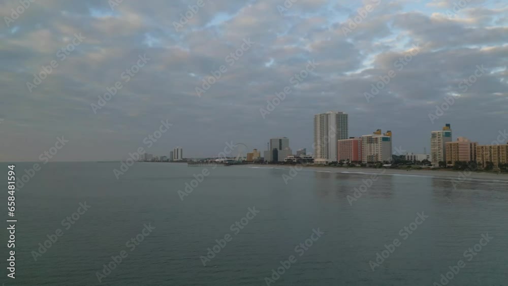 Downtown Myrtle Beach skyline morning ocean view, drone 4K Downtown Myrtle Beach skyline morning ocean view, drone 4K