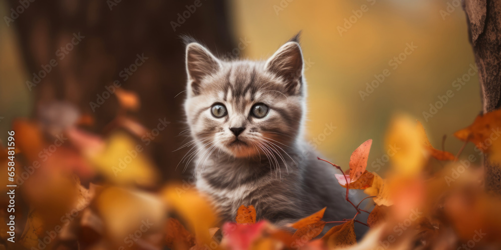 Portrait of a Cat. Little Gray Striped Kitten in fallen leaves in autumn park or garden