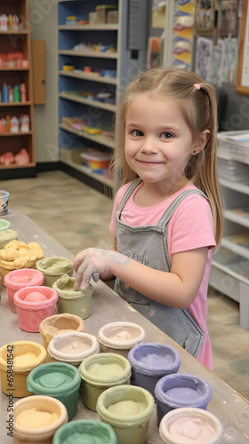 Little girl is working with mud and clay in an art pottery ceramic class, for creative education and happiness cocnept, Generative Ai
