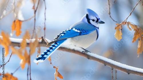 The blue jay is a vibrant bird with bright blue feathers on top and white underneath. It has a crest on its head and striking black markings around its eyes and on its wings and tail.
