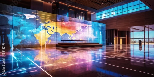 Hall of the international business center with a large neon map on the wall.  