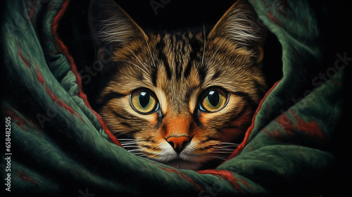 A playful cat hides under a blanket, peeking its adorable head out. Wide, curious eyes and twitching ears reveal its charming curiosity while snug and warm beneath the cover. photo