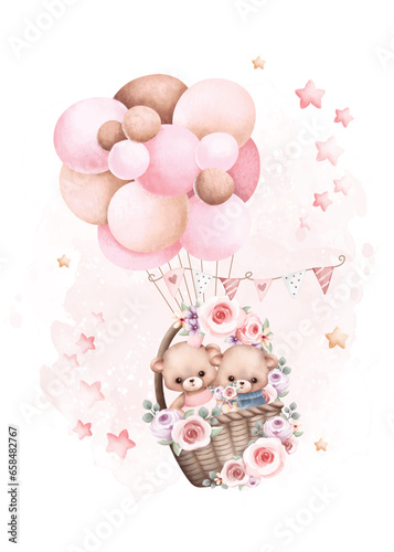 Watercolor illustration set of Teddy Bear Flying with Balloons with Stars