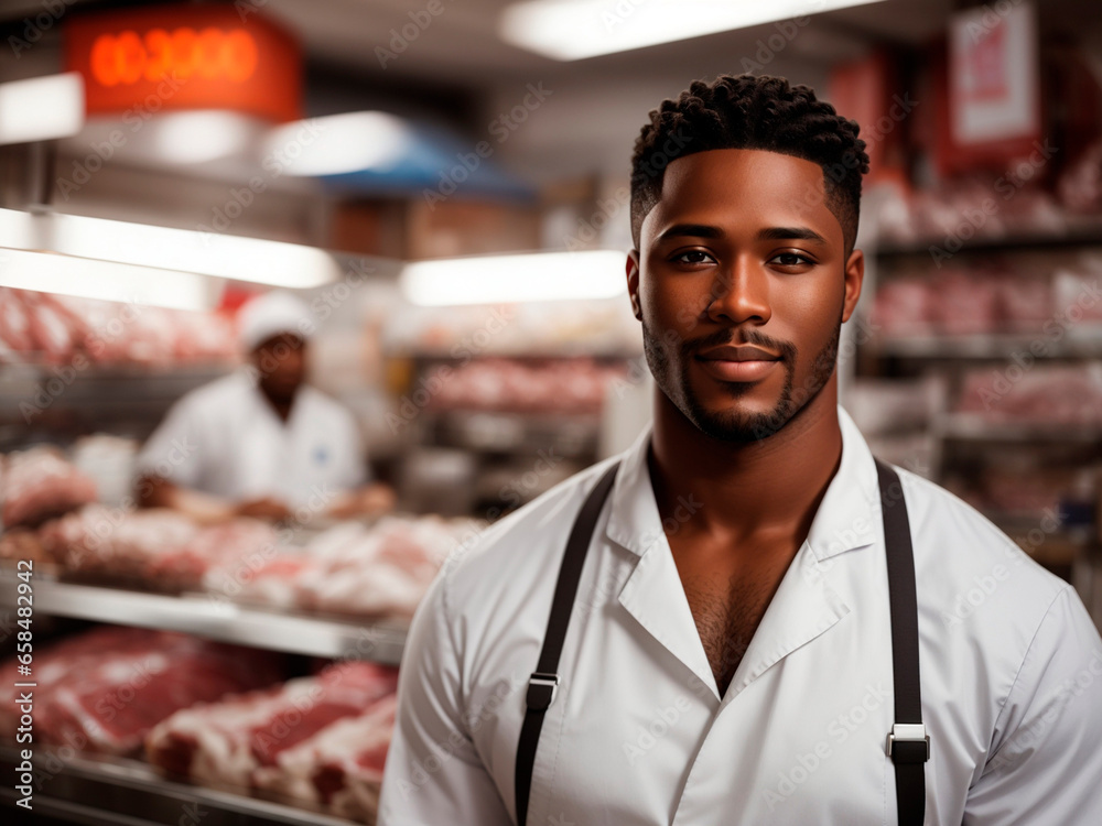 Black man in an apron working in a butcher shop. Black man in an apron working in a butcher shop.