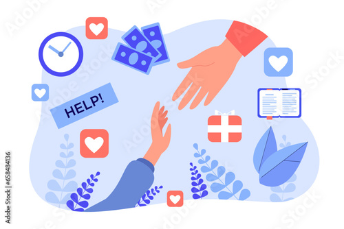 Hand reaching another hand to help vector illustration with Like icons, dollar banknotes, gift box on background. Assistance, support, guiding aspect of mentorship.