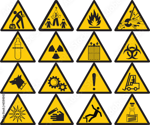 Signos de advertencia , precaución, alerta,  triangulo amarillo, montacargas, piñones, electricidad, gas, calor,Warning signs, caution, alert, yellow triangle, forklift, sprockets, electricity, gas