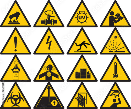 Signos de advertencia , precaución, alerta,  triangulo amarillo, montacargas, piñones, electricidad, gas, calor,Warning signs, caution, alert, yellow triangle, forklift, sprockets, electricity, gas