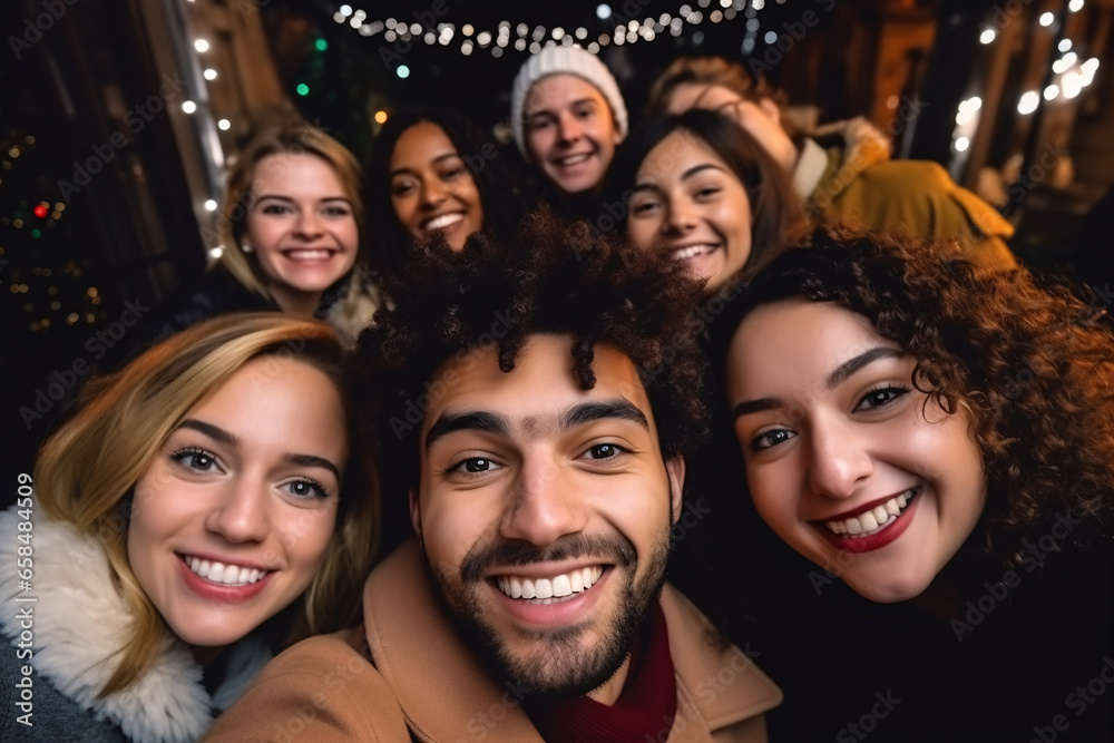 Group of young people friends or colleague smiling and selfie at Christmas or new year party. Group of young people friends or colleague smiling and selfie at Christmas or new year party.