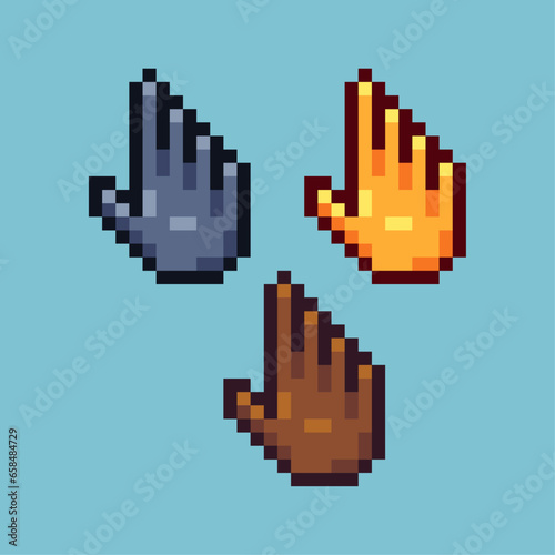 Pixel art sets of hand cursor pointer with variation color item asset. Simple bits of hand pointer on pixelated style. 8bits perfect for game asset or design asset element for your game design asset