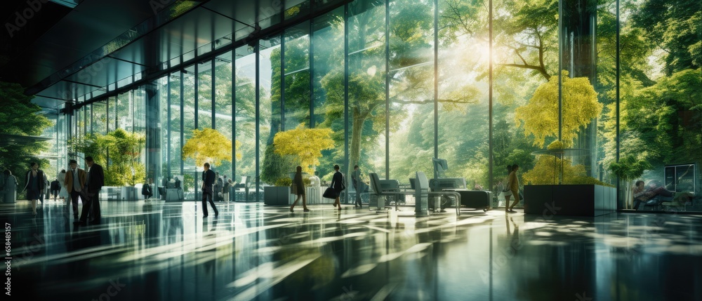Glass office and working space with blurred people walking fast movement, Eco-friendly featuring sustainable building with green environment and trees, green environment in city, Generative AI - obrazy, fototapety, plakaty 