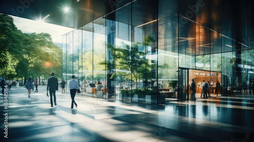 Wallpaper Mural Glass office and working space with blurred people walking fast movement, Eco-friendly featuring sustainable building with green environment and trees, green environment in city, Generative AI Torontodigital.ca