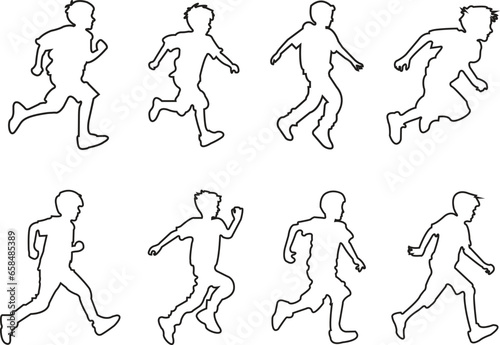 set of black line Running kid child silhouettes icons, large pack of vector silhouette design collection, isolated on transparent background.