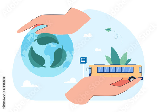 Hands with bus and globe vector illustration. Public transport and ecology. Encouraging people to use public transport. Climate, environment, ecology, environmental friendly transport
