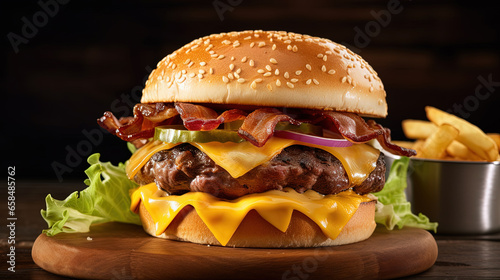 Grilled Beef Burger with Cheddar Cheese on a Bun, with Bacon, Lettuce, Tomato and Onion. by AI.