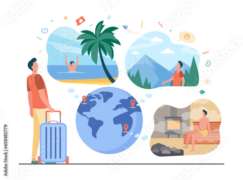 Tourist with suitcase and globe with points of destination. Vector illustration. Man dreaming about holidays, swimming in sea, hiking, taking steam bath. Wellness tourism concept.