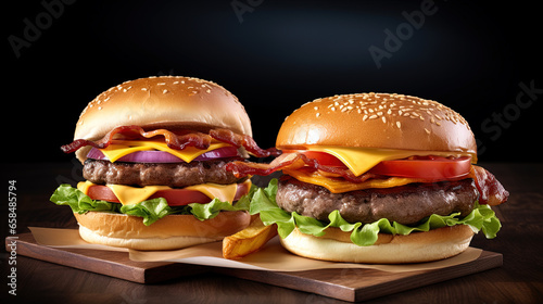 Grilled Beef Burger with Cheddar Cheese on a Bun, with Bacon, Lettuce, Tomato and Onion. by AI.