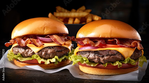 Grilled Beef Burger with Cheddar Cheese on a Bun, with Bacon, Lettuce, Tomato and Onion. by AI.